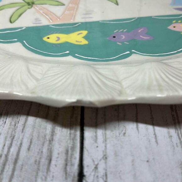 Ceramic Plate Palm Trees Fish Tropical Scene Shells On Edges Fishline - Picture 8 of 8